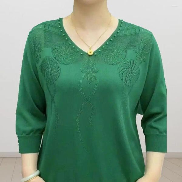 Blusas femininas top cor sólida v pescoço três quartos manga mãe camisa flor padrão de malha elástico manguito blusa de meia-idade