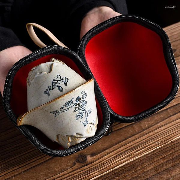 Teegeschirr-Sets, japanischer Stil, Reise-Teeset, Efeu-Blumen-Keramik, tragbares Porzellan-Teeset mit Tragetaschen, Teekanne für den Außenbereich, schnelle Tasse Teegeschirr