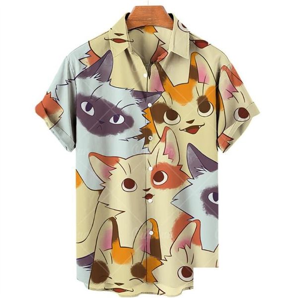 Mens camisetas Cat Print T-shirt Verão 2022 Algodão Macio Roupas 3D Homens / Mulheres Com Decote Em V Moda Botões Personalidade Tops Havaiano Lapela Dr Dhyiv