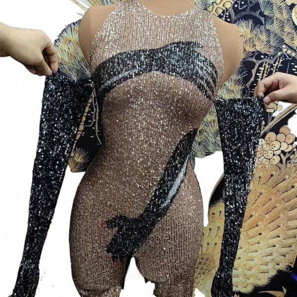 sexy Pole Dance Outfit Donna Dj Ds Party Gogo Abbigliamento Drag Queen Costumi Clubwear Nero Oro Paillettes Tuta Guanti A3tf #