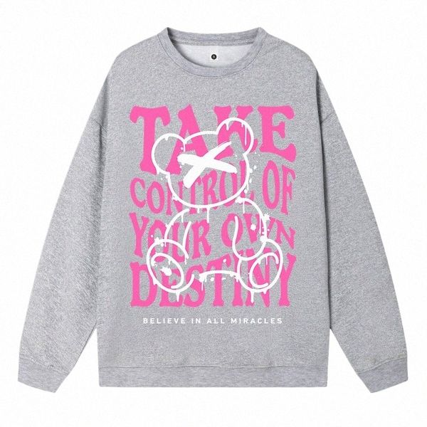 Plus Size Frau Sweatshirt Take Control Of Your Own Destiny Rosa Buchstabe Carto Bear Design Print Hoody Lose Pullover Warme Tops R8T0 #