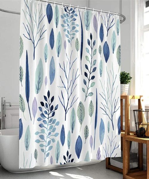 Cortinas de chuveiro folhas plantas azul verde aquarela folha floral nórdico simples poliéster tecido decoração com ganchos cortina do banheiro
