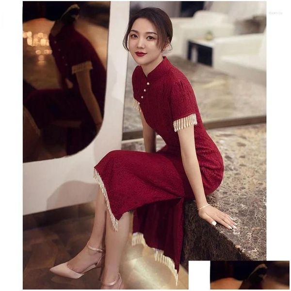 Etnik Giyim Çin Geleneksel Cheongsam Elbise Kadın Gelin Elbiseler Kırmızı Klasik Tost Kadınlar Qipao Oryantal Damla Teslimat Giyim OTYJ0