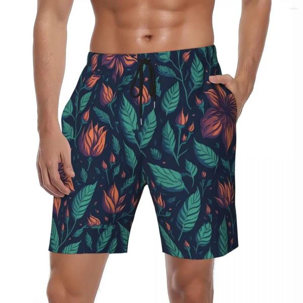 Erkek şort yaz tahtası erkekler yeşil yaprak spor kırmızı çiçekler baskı tasarım plajı kısa pantolon şık rahat yüzme gövdeleri artı boyutu
