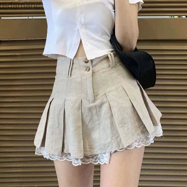 Saias Skorts Lucyever Verão Lace Trim Saias Plissadas Mulheres Estilo Preppy Khaki Cintura Alta Saia Menina Adolescentes Harajuku Uniforme Escolar Mini Saia 240330