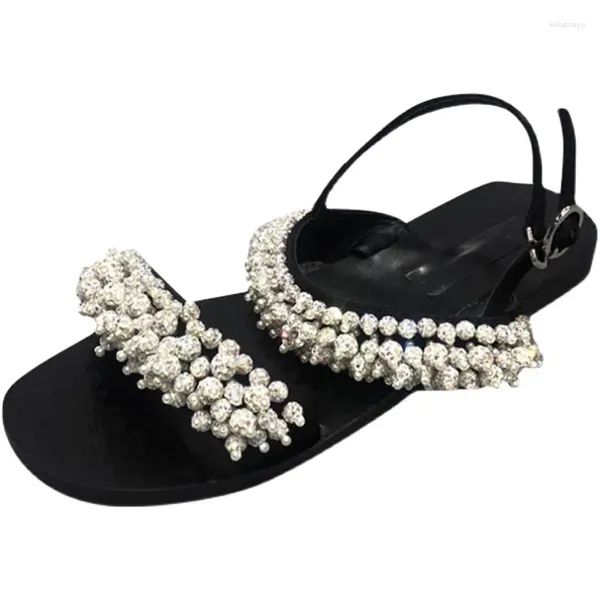 Sandálias Bling Crystal Beads com Pérola Borla Voltar Strap Flats Peep Toe Slingbacks Strass Beadings Chinelo Sapatos Mulher