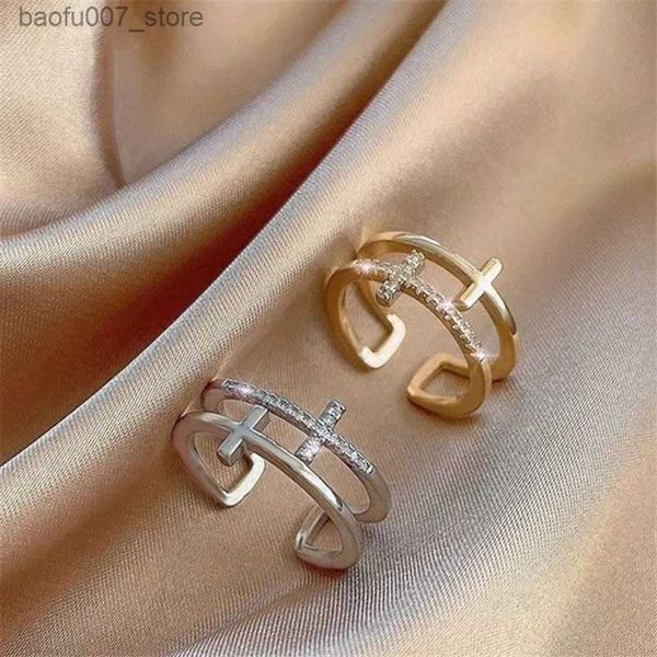 Anéis de banda 925 prata esterlina ouro duplo cruz zircão anel adequado para mulheres luxuosa qualidade vintage jóias presente entrega gratuita para mulheresQ240330
