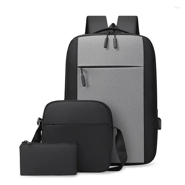 Mochila Masculina Business Simples Grande Capacidade Zíper Bolsa De Três Peças Com Porta De Carregamento Usb Laptop Escola