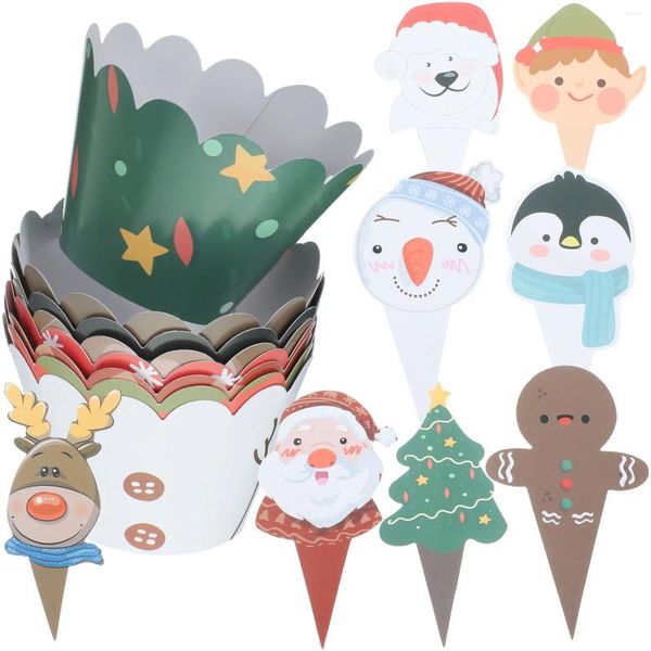 Bicchieri usa e getta, cannucce, 1 set di stuzzicadenti e involucri per torte in stile natalizio, decorazioni per decorazioni per cupcake