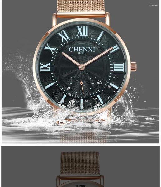 Relógios de pulso Moda Chenxi Marca Relógio de Pulso Mulheres Homem Amantes Charme Relógios À Prova D 'Água 076 Rosa Ouro Branco Preto Malha Aço Inoxidável
