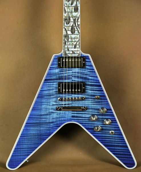 Custom Shop Lanciafiamme Flying V Ultima Fire Tiger Blue Flame Top in acero Chitarra elettrica Intricata Madreperla Abalone Flame In3901046
