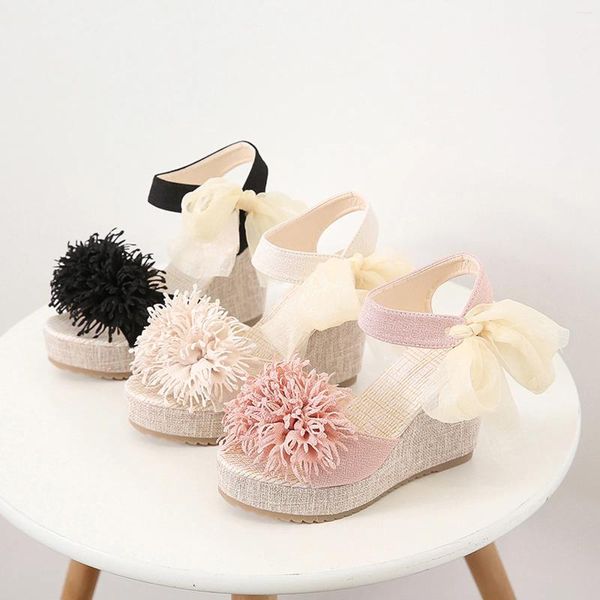 Sandálias 2024 de salto alto cunhas de cor sólida flores laço laço até dedo do pé aberto sapatos de praia confortáveis para mulheres