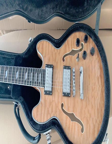 Seltene ES 339 Semi Hollow Body, Decke aus natürlichem, gestepptem Ahorn, Jazz-E-Gitarre, Doppel-F-Löcher, Flammenahorn-Rückseite, Tuilp-Mechaniken, Chrome3767737