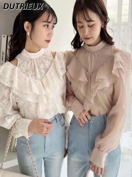 Blusas femininas moda estilo japonês elegante blusa gola alta primavera outono topos grande arco fora do ombro camisa de manga longa
