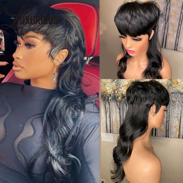 Perücken Kurzpixie Mullet Cut Perücken Körperwelle Brasilianische Remy Human Hair Perücke 150% Dichte Vollmaschine gemacht Bob Perücken mit Pony for Women