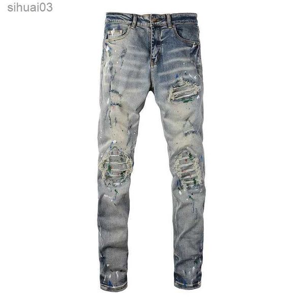 Jeans masculino spray de spray pintado de jeans elásticos de jeans Roupes de rachaduras de rachaduras de trabalho, peças de calça apertadas de calças afuniladasl2403