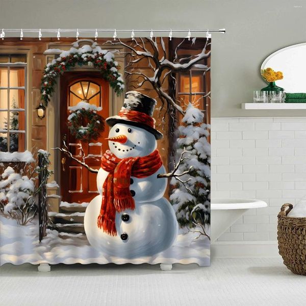 Chuveiro cortinas cortina de natal inverno férias fazenda celeiro vestindo chapéu e cachecol boneco de neve pássaro vermelho berry árvore decoração do banheiro