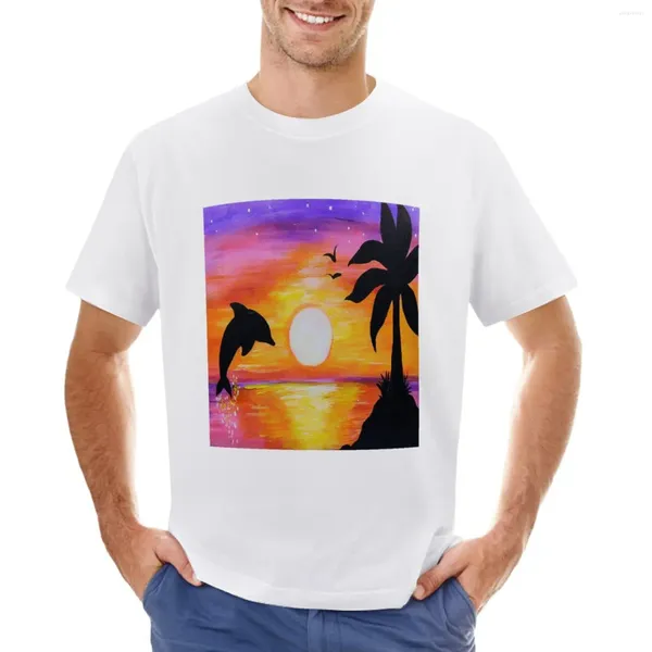 Regatas masculinas pintadas de golfinho no pôr do sol camiseta roupas masculinas fofas