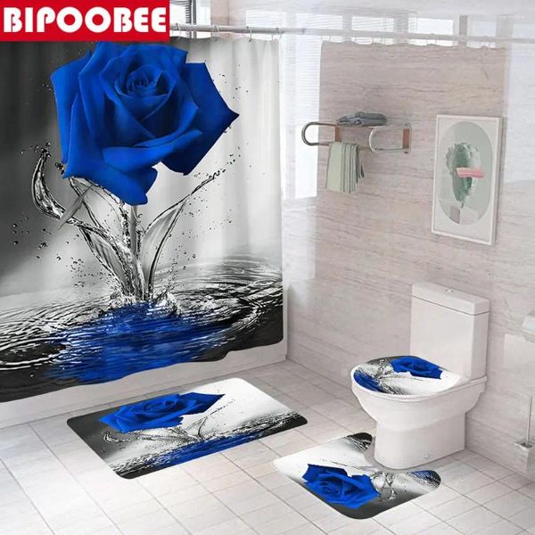 Duschvorhänge, blauer Rosen-Vorhang, Toilettendeckel-Abdeckung, Badematte, Wasserspritzer, Blume, Badezimmer, rutschfester Teppich, Sockelteppich, Heimdekoration