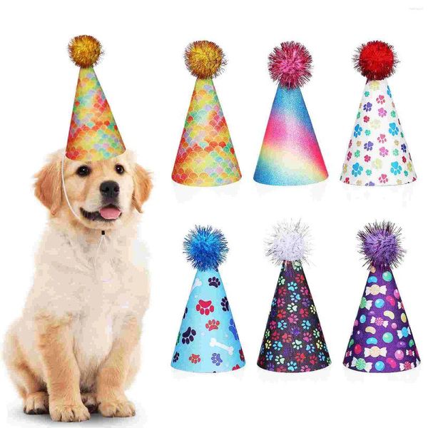 Vestuário para cães 6 pcs chapéu de aniversário acessórios para animais de estimação chapéus de festa para cães menino osso gatos papel grande