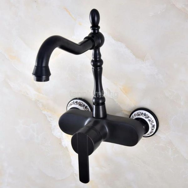 Banyo Lavabo muslukları Siyah Yağ Ovulmuş Bronz Duvara Monte Havza Musluk / 360 Döner Spout Mutfak Mikser Muslukları TNF841