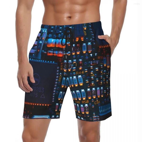 Pantaloncini da uomo Stampa 3D Scheda elettronica con chip elettronico Pantaloni corti da spiaggia estivi da corsa Maschili comodi bauli oversize con grafica Hawaii