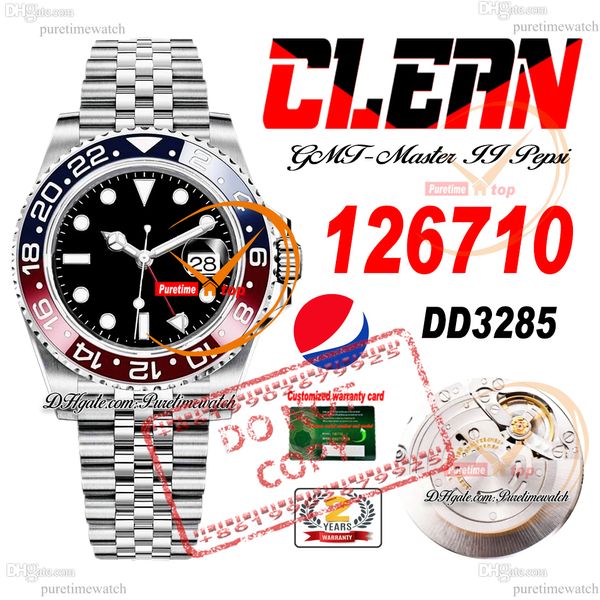 Pepsi 126710 DD3285 Relógio masculino automático limpo CF vermelho azul cerâmica moldura mostrador preto 904L JubileeSteel pulseira Super Edition mesmo cartão de garantia de série Puretime f2