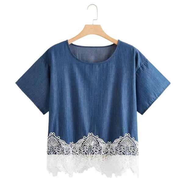 Plus Size Casual Denim Tops Mulheres 5XL 6XL 7XL Lace Patchwork Manga Curta Verão Primavera Cott T-shirt Senhoras Tamanho Grande Tee 8XL Q2KU #