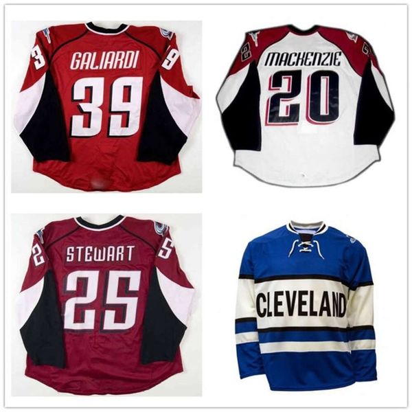 24S Custom AHL Cleveland Lake Erie Monsters 25 Stewart 20 Mackenzie 39 Galiardi Maglie da hockey Rosso Bianco Blu Loghi cuciti Taglia S-4xl