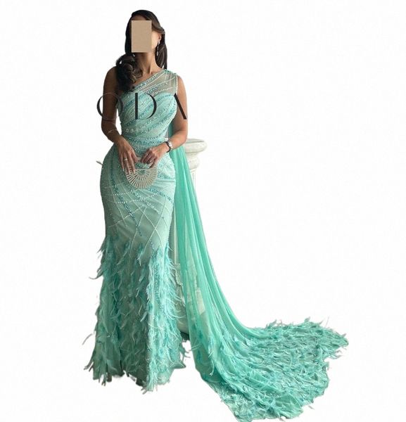 Elegante brilhante pérolas penas formal noite Dr Um ombro Sexy Mulheres Prom Dres Mermaid Party Vestidos com LG Shawl B5qS #