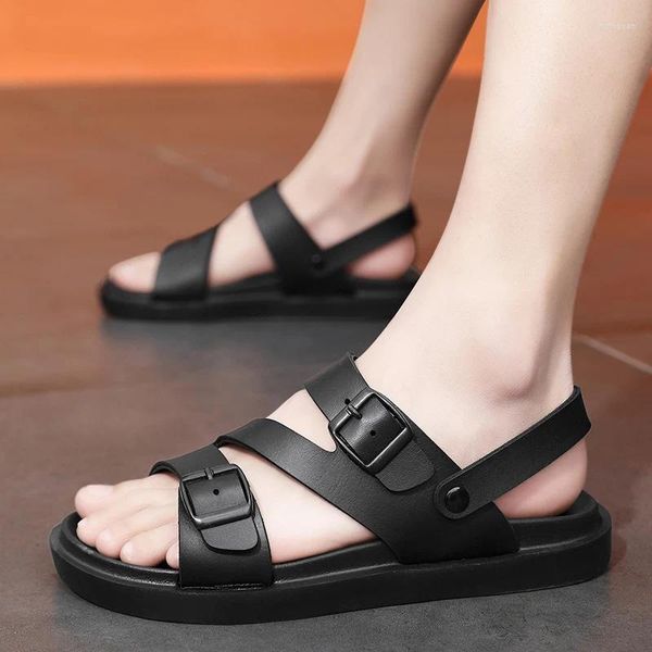Sandálias de verão plana para homens sapatos moda dois-desgaste preto chinelos masculinos desgaste exterior confortável praia e