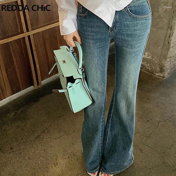 Jeans femininos Reddachic listrado Flare for Women Blue Wash High Rise Slim Fit Denim Bell Bottoms Y2K Roupas vintage