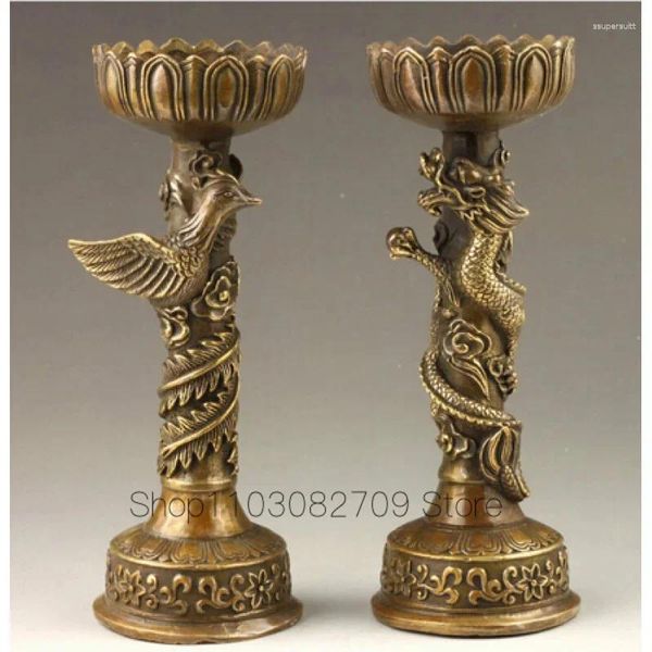 Dekorative Figuren SUIRONG---407 Chinesische handgemachte feine Drachen- und Phönix-Bronze-Kerzenständerpaar-Statue
