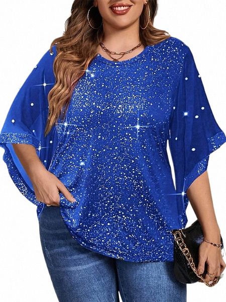 Plus Size Mulheres Grande Casual Redondo Pescoço Meia Manga Solta Brilhante Sier T-shirt Fi Blusa Roupas Femininas L9Yb #