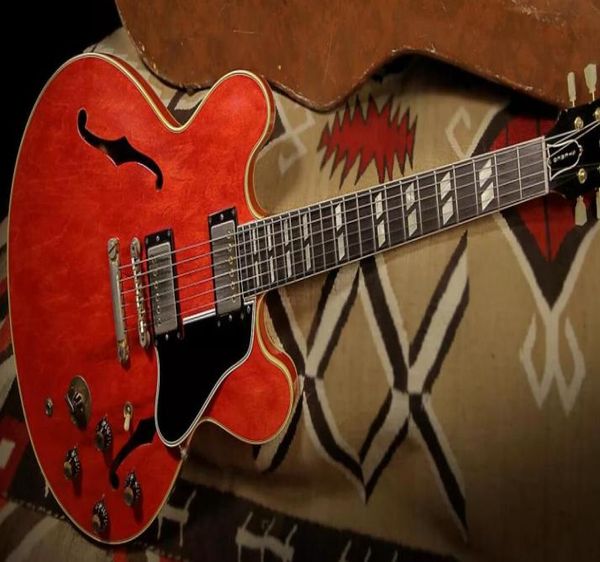 Custom 345 Trans Red Semi Hollow Body Джазовая электрогитара Черная накладка с жемчугом и инкрустацией в виде параллелограмма Звукосниматели для хамбакеров2156287