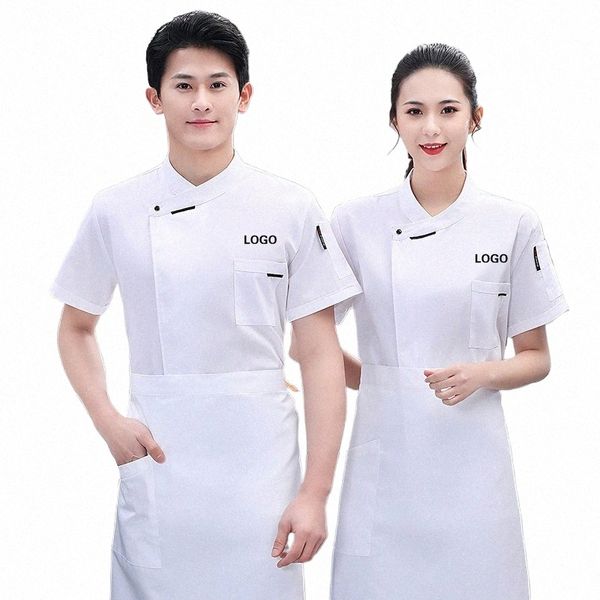 Mens Chef Camicia Uniforme Manica corta Giacca da lavoro Cappotto Hotel Ristorante Cucina Stand Collare Cuoco Servizio di ristorazione Abbigliamento Stampa Logo T1AG #