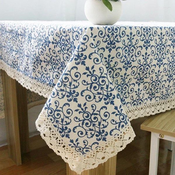 Tovaglia Tovaglia in lino e cotone Fiore blu stampato Copertura da giardino Decorazione in pizzo per la casa De Mariage Panni da cucina rustici