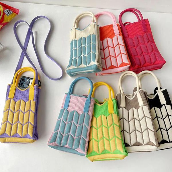 Сумки для хранения, геометрическая сумка, яркие цвета, вязаная мини-сумка для мобильного телефона с ромбовидной решеткой, женская многоразовая сумка для покупок