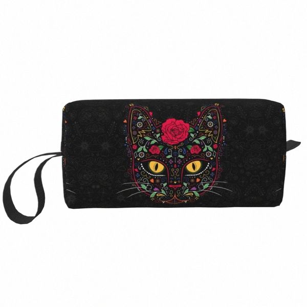 giorno dei morti gattino gatto zucchero cranio borsa per il trucco donne cosmetico organizzatore carino messicano halen floreale borse da toilette q30f #