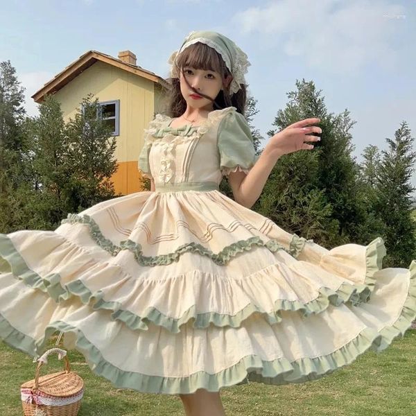 Vestidos de festa nonsar design original lolita vestido estilo country op manga curta gola quadrada arco babados longos mulheres S-L verde