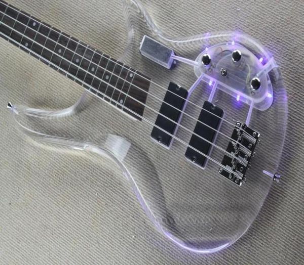 En Kalite Fabrika Özel 4 String Elektrik Bas Gitar LED 3 Renkli Lightin Gerçek PO Show 10272078173 ile şeffaf akrilik gövde