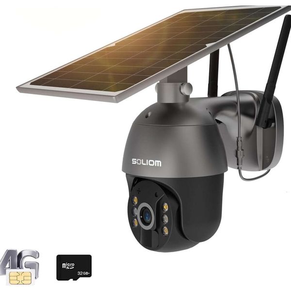 Câmera de segurança celular externa SOLIOM S600 movida a energia solar - Pan Tilt sem fio 360 View Spotlight 1080p Visão noturna 2 vias Talk Sensor de movimento PIR Sem WiFi Versão dos EUA