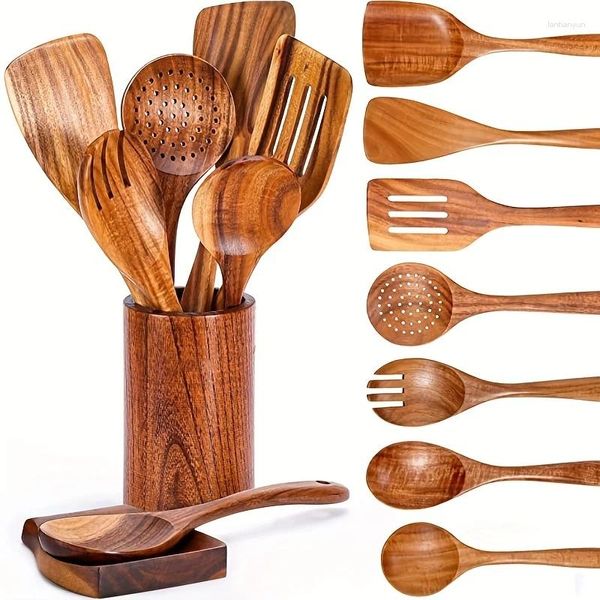 Set Posate 9 Pezzi Cucchiai In Legno Per Utensili Da Cucina Con Supporto Set Da Cucina In Teak Naturale