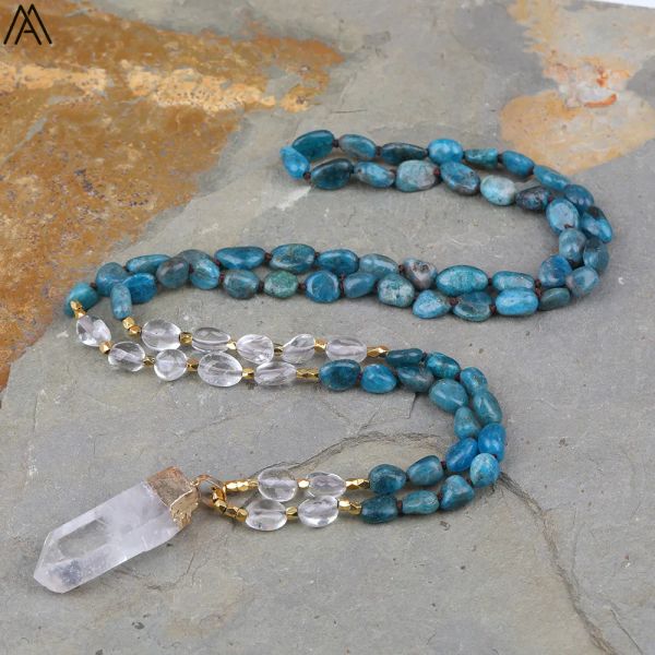 Ожерелья из натурального синего апатита, самородок, бусины, ожерелье ручной работы с узлом, женское белое кварцевое ожерелье из бисера, ожерелье для йоги, длинное 32 дюйма