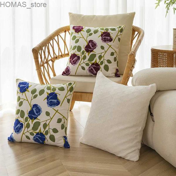 Kissen reines Baumwolle Dekor bestickt Home Kissenabdeckung Blumen Canvas Baumwolle Suqare Stickerei Cover 45x45 cm Wohnzimmersofa C Y240401