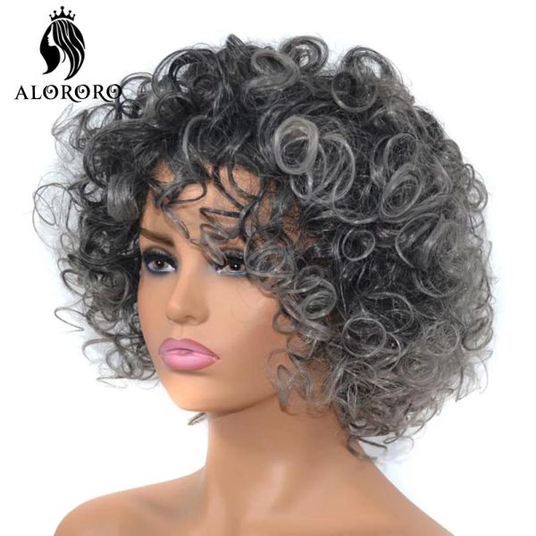 Perücken Alororo 12 Zoll kurze Afro-Perücke, flauschige lockige Perücken für schwarze Frauen, schwarz-grau, gemischte Farbe, synthetische Perücke mit Pony, täglicher Gebrauch