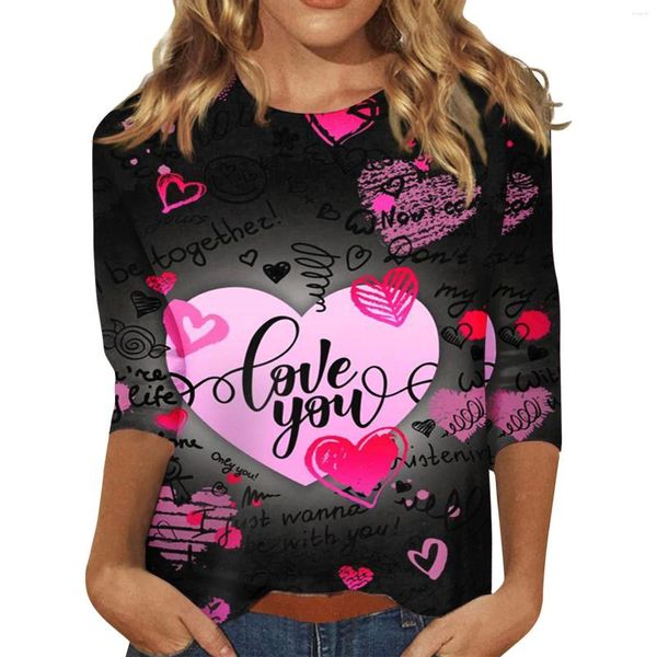 T-shirt da donna T-shirt moda donna Manica a 3/4 per le donne Felpa girocollo con stampa San Valentino Abbigliamento donna giovanile Ropa