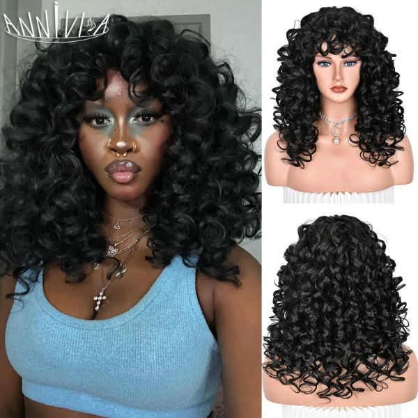 Parrucche Parrucca riccia nera con frangia Parrucche afro lunghe ricce per donna Capelli in fibra sintetica senza colla per uso quotidiano Feste Halloween Cosplay