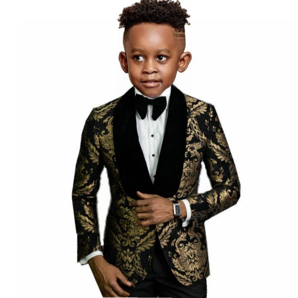 Boy's Suits 2 штуки чернокожие золотые свадебные костюмы для детской бархатной шаль лацка (куртка+брюки) Дети формальная вечеринка выпускной вечеринки