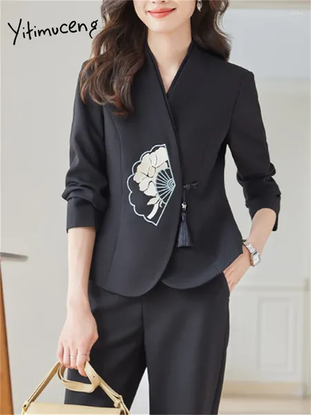 Calças femininas de duas peças Yitimuceng Office Ladies Define Womens 2024 Vintage Único Botão Manga Longa Blazers Elegantes Calças de Perna Larga Ternos